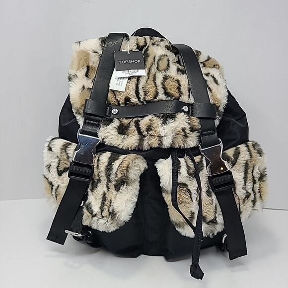 Topshop Faux Fur Backpack Purse Leopard Animal Print & Black NWT 10"x 11" - Picture 1 of 9
